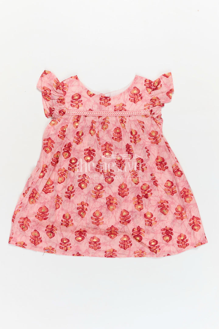 Girls Cotton Frock for Daily Wear in Peach with Golden Floral Hand Block Prints and Flutter Sleeves