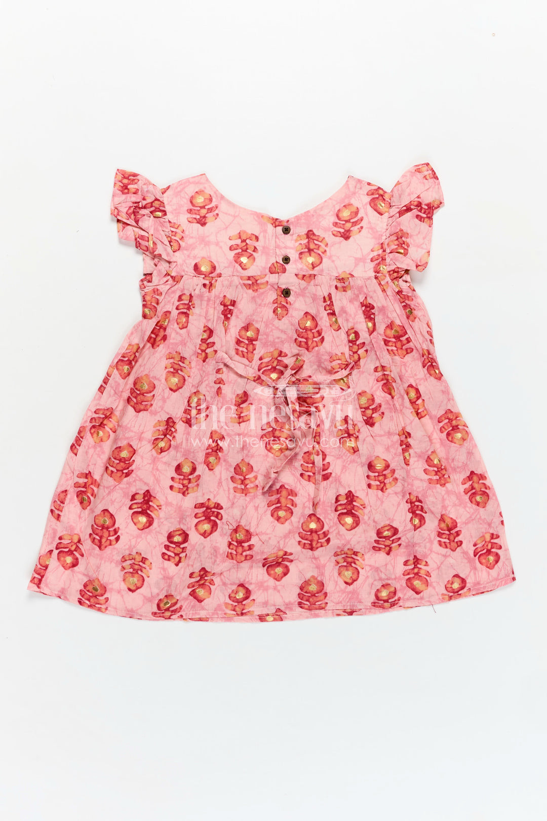 Girls Cotton Frock for Daily Wear in Peach with Golden Floral Hand Block Prints and Flutter Sleeves
