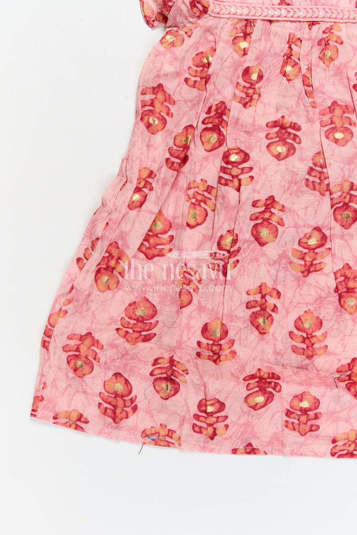 Girls Cotton Frock for Daily Wear in Peach with Golden Floral Hand Block Prints and Flutter Sleeves