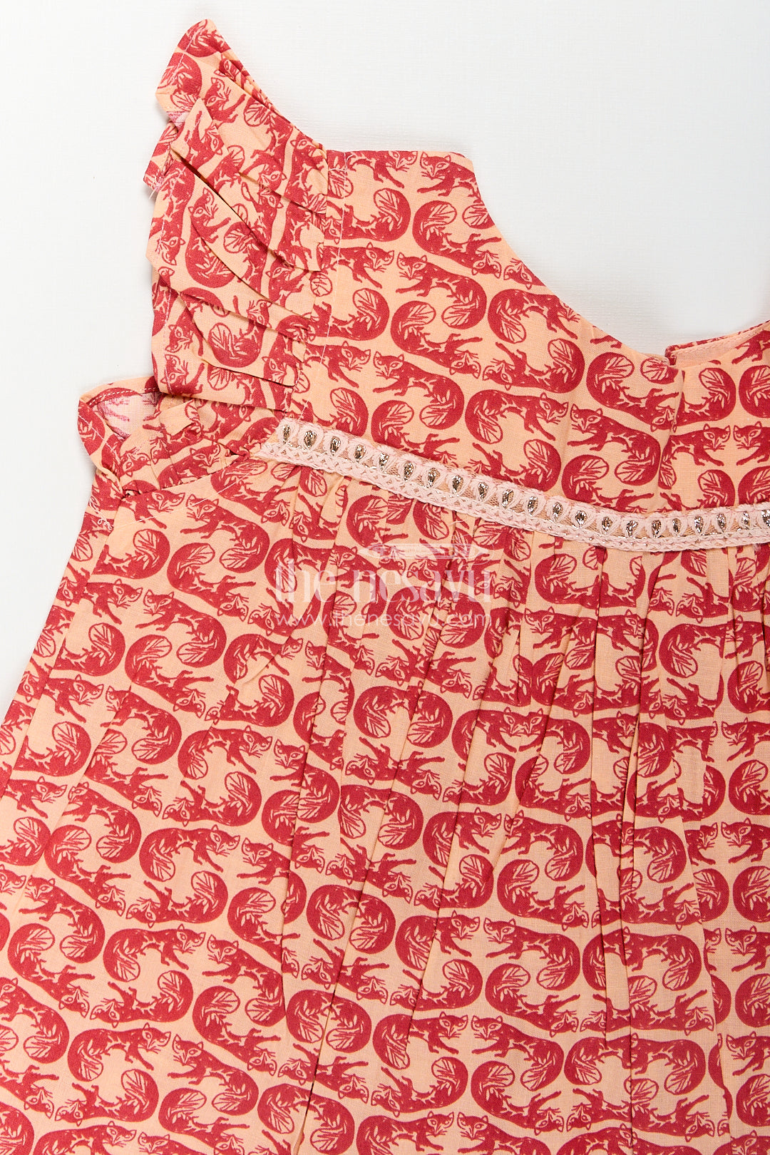 Girls Long Frocks for Birthday Party in Cotton with Animal Digital Print and Ruffle Trim Sleeves