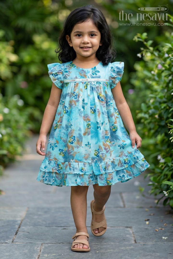 Girls Latest New Design Frock in Aqua Rayon with Floral Digital Print and Flowy Ruffle Details