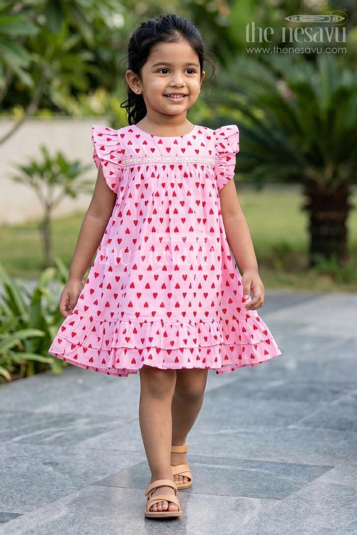 Girls Single Piece Frock in Pink Cotton with Red Heart Digital Print and Ruffled Finish