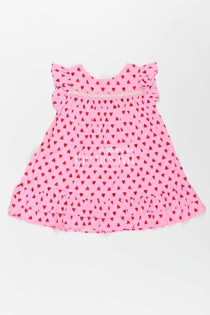 Girls Single Piece Frock in Pink Cotton with Red Heart Digital Print and Ruffled Finish