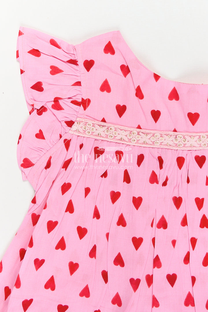 Girls Single Piece Frock in Pink Cotton with Red Heart Digital Print and Ruffled Finish