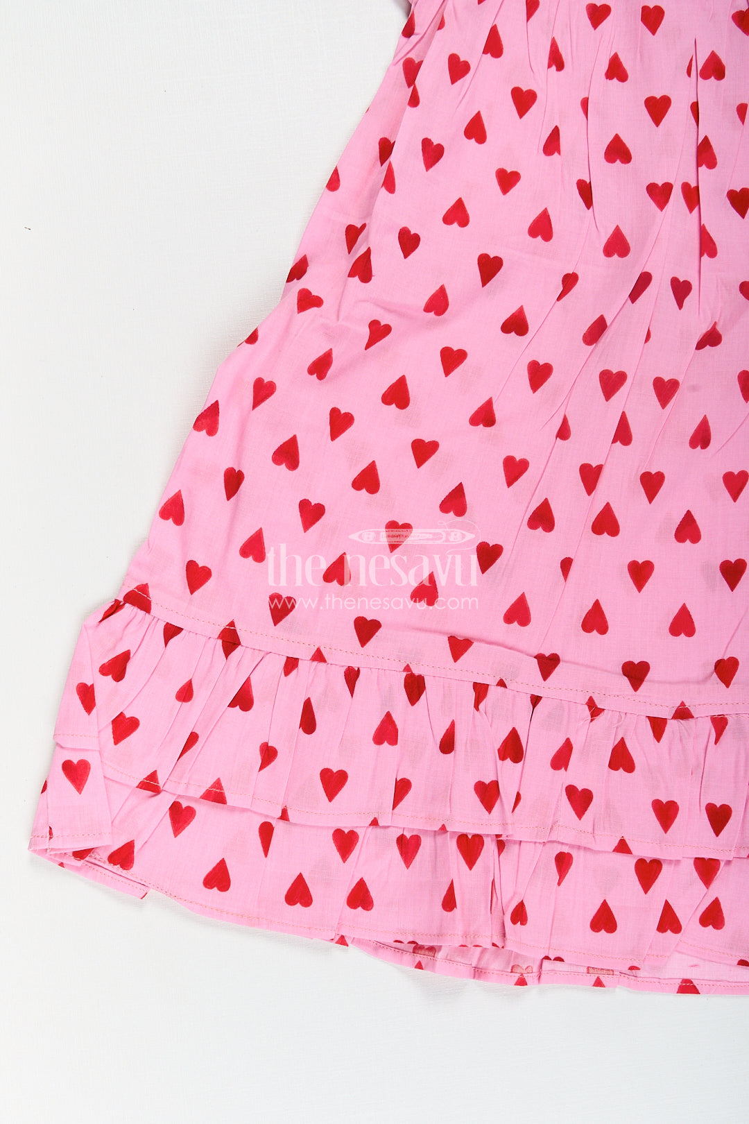 Girls Single Piece Frock in Pink Cotton with Red Heart Digital Print and Ruffled Finish