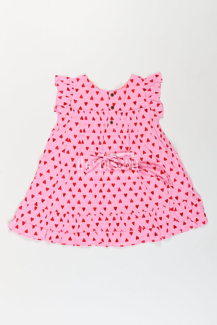 Girls Single Piece Frock in Pink Cotton with Red Heart Digital Print and Ruffled Finish