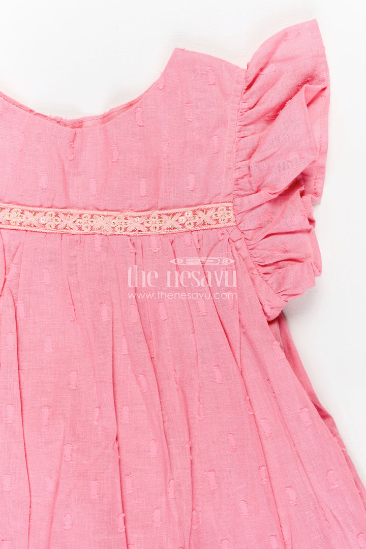 Girls Georgette Material Frock in Solid Pink with Ruffle Sleeves and Flowy Double-Layered Hem