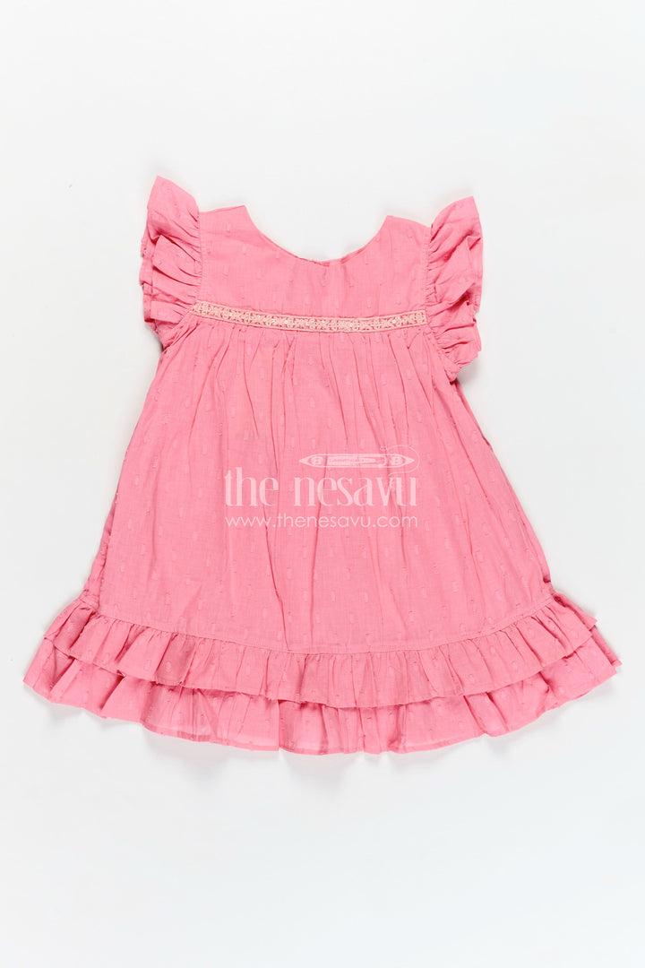 Girls Georgette Material Frock in Solid Pink with Ruffle Sleeves and Flowy Double-Layered Hem