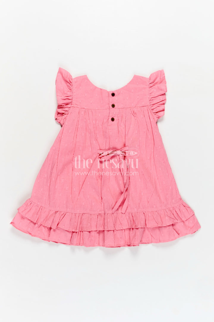 Girls Georgette Material Frock in Solid Pink with Ruffle Sleeves and Flowy Double-Layered Hem