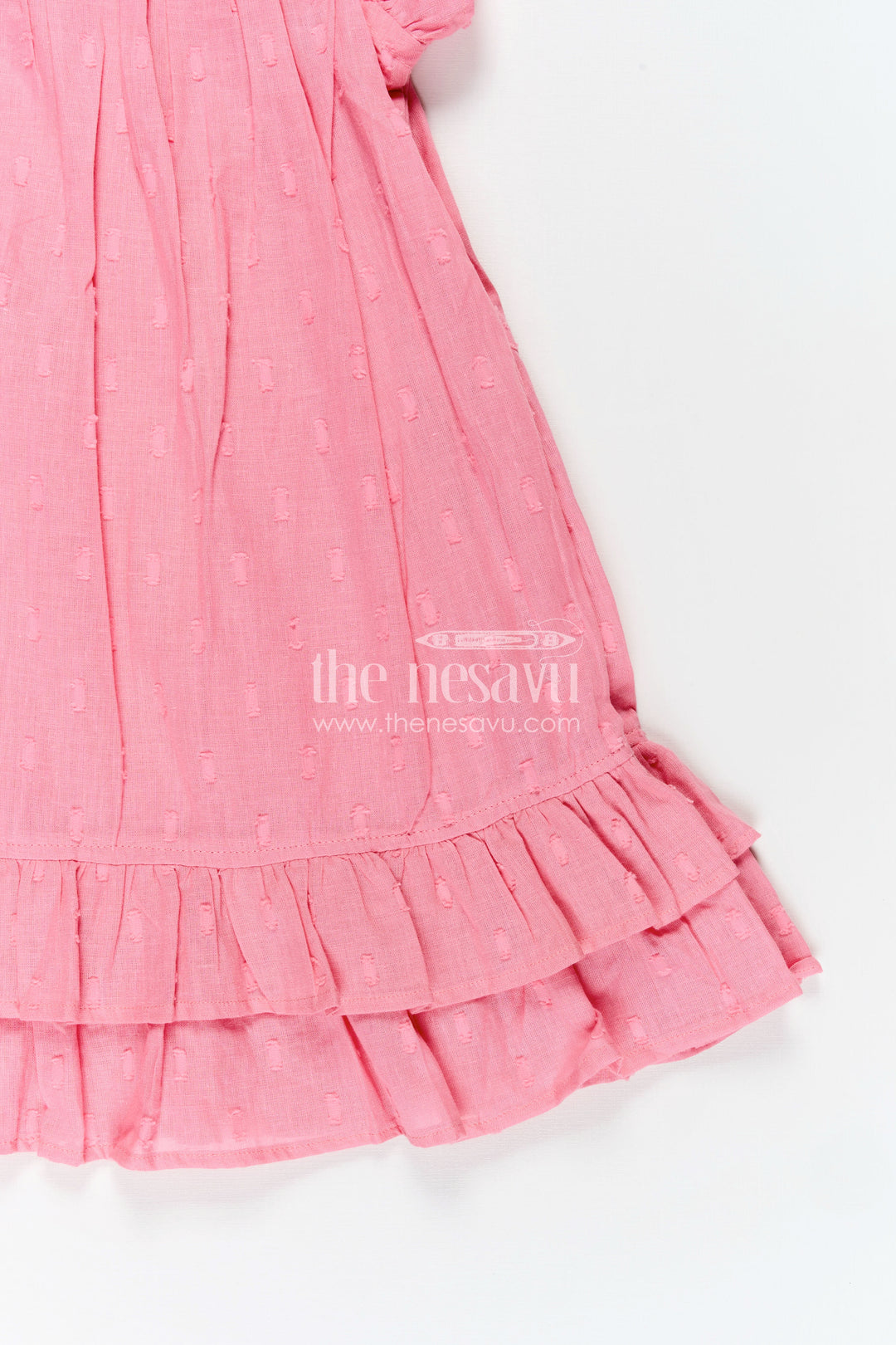Girls Georgette Material Frock in Solid Pink with Ruffle Sleeves and Flowy Double-Layered Hem