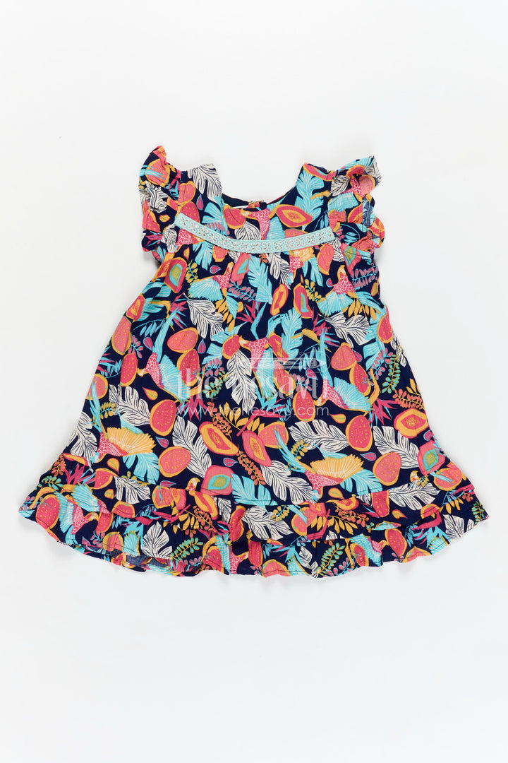 Girls Party Wear Long Frock Models in Black Rayon with Colorful Tropical Digital Print and Ruffle Trim