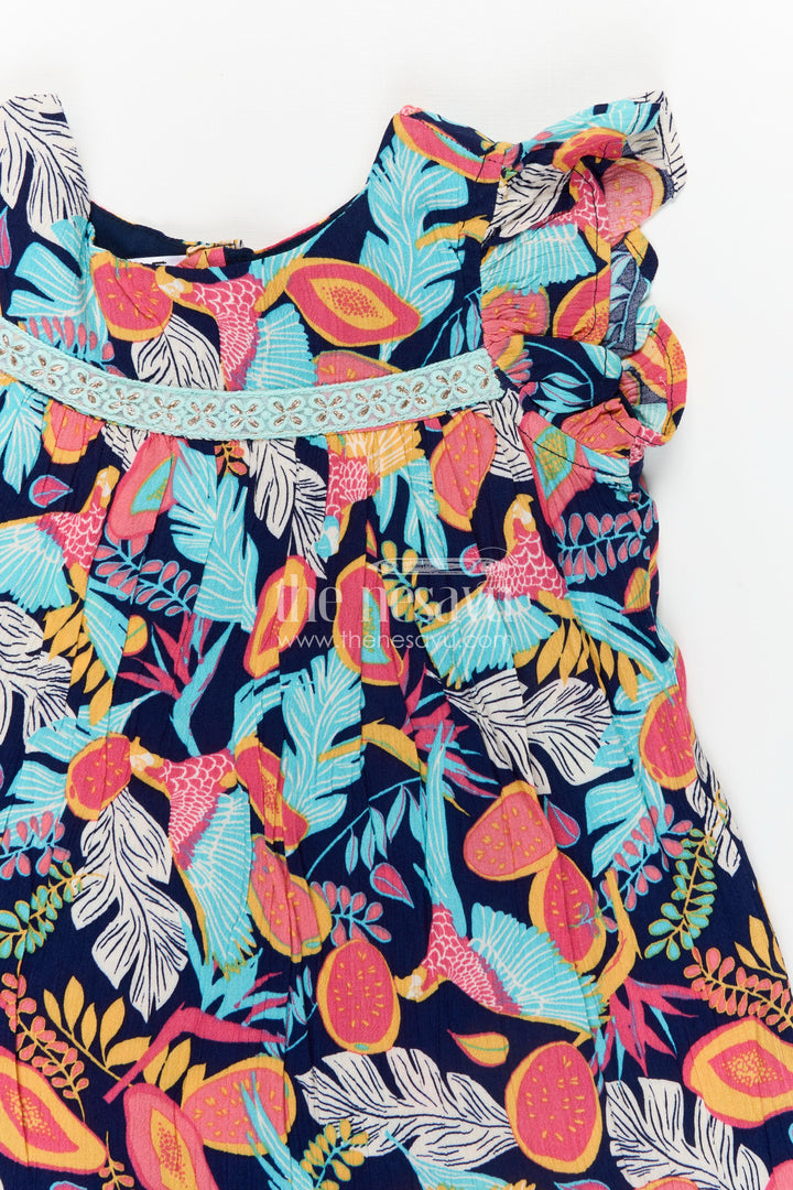 Girls Party Wear Long Frock Models in Black Rayon with Colorful Tropical Digital Print and Ruffle Trim