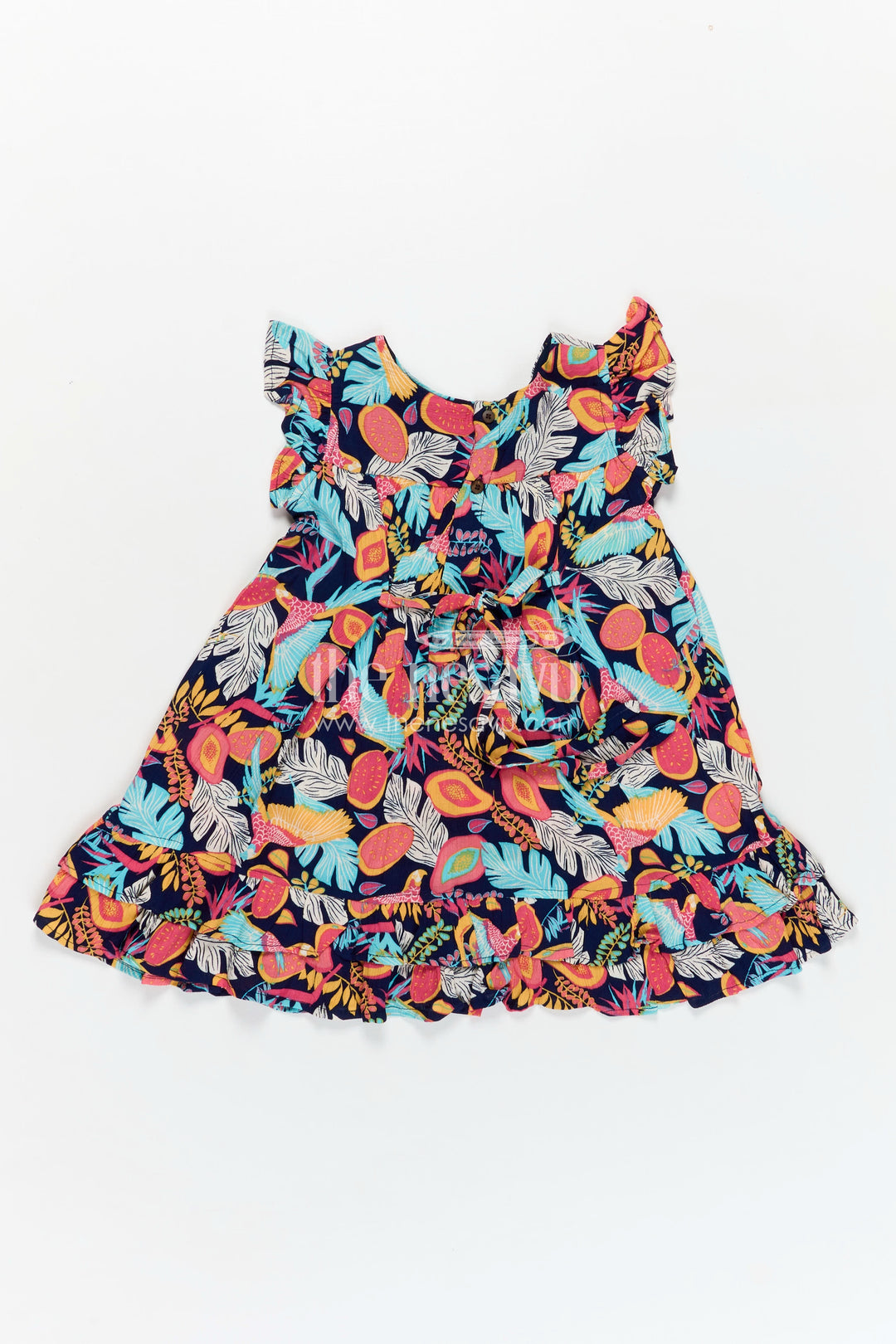 Girls Party Wear Long Frock Models in Black Rayon with Colorful Tropical Digital Print and Ruffle Trim