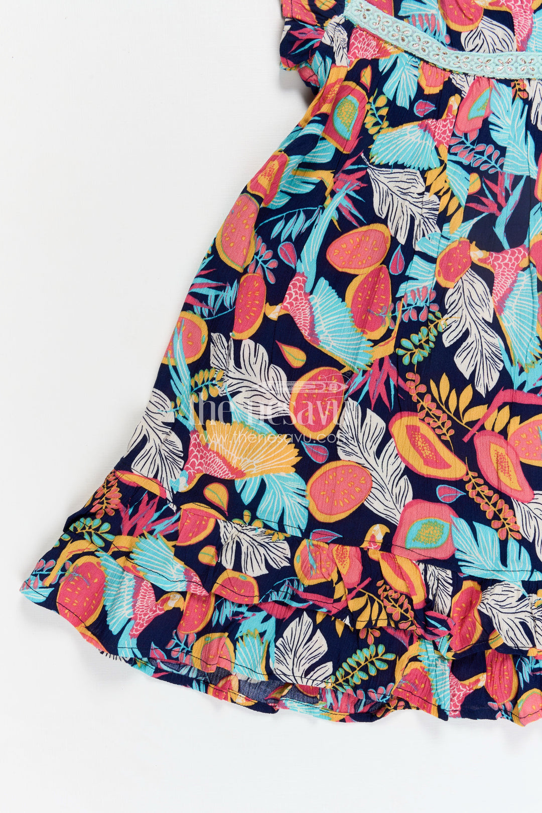 Girls Party Wear Long Frock Models in Black Rayon with Colorful Tropical Digital Print and Ruffle Trim