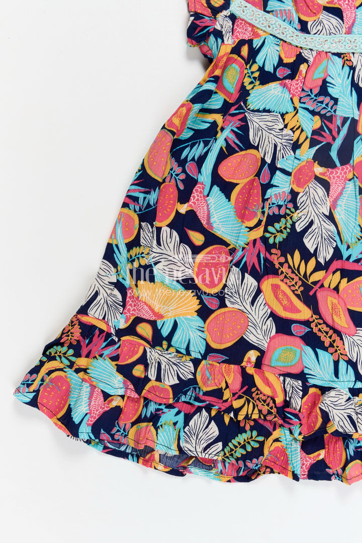 Girls Party Wear Long Frock Models in Black Rayon with Colorful Tropical Digital Print and Ruffle Trim