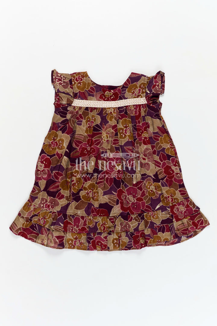 Girls Latest New Frock Design in Maroon Modal Silk with Floral Digital Print and Embellished Yoke