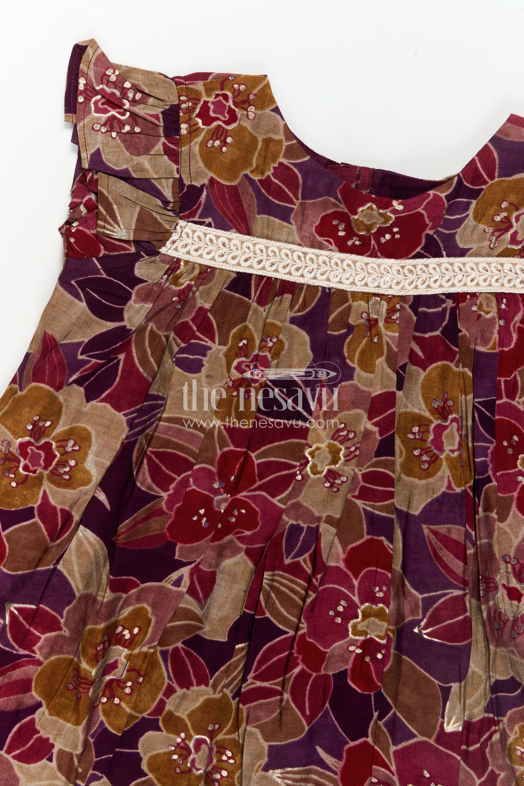 Girls Latest New Frock Design in Maroon Modal Silk with Floral Digital Print and Embellished Yoke
