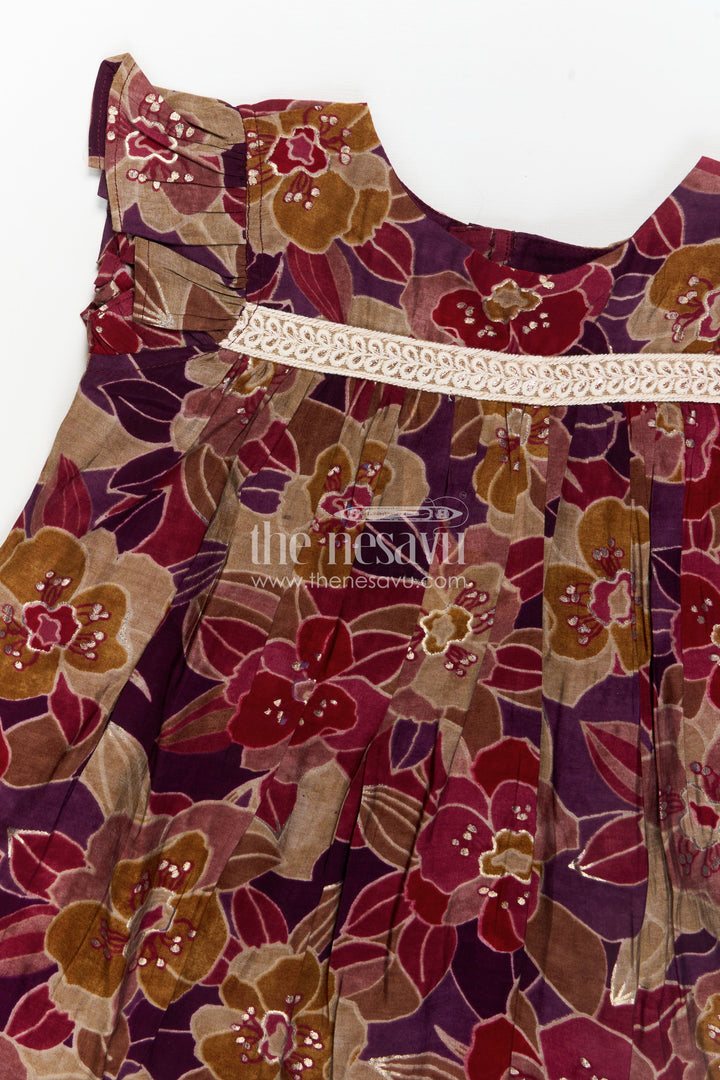 Girls Latest New Frock Design in Maroon Modal Silk with Floral Digital Print and Embellished Yoke