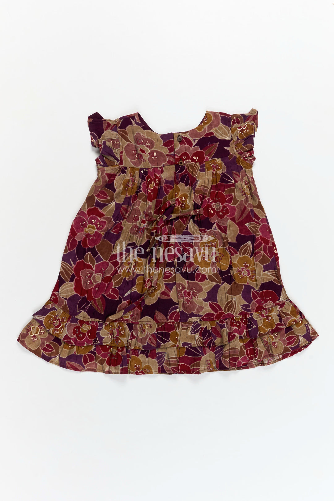 Girls Latest New Frock Design in Maroon Modal Silk with Floral Digital Print and Embellished Yoke