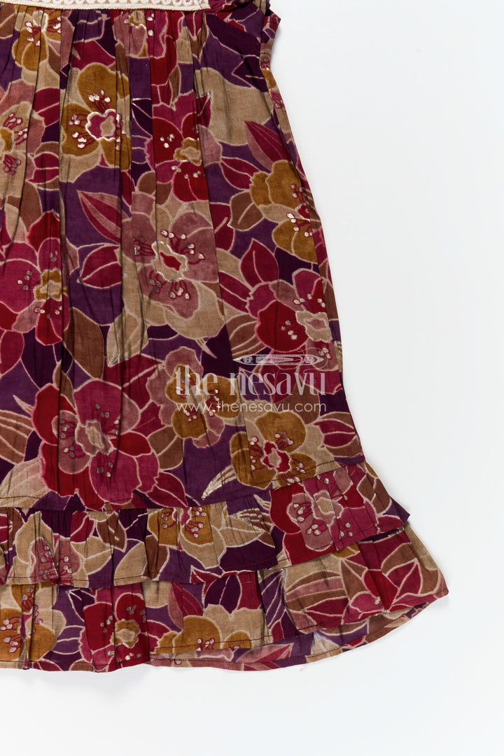 Girls Latest New Frock Design in Maroon Modal Silk with Floral Digital Print and Embellished Yoke