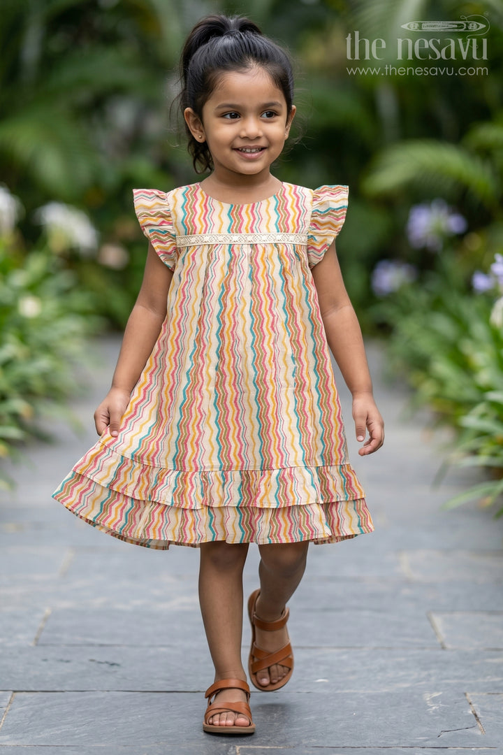 Girls Frock Online Shopping in Cream Modal Silk with Multicolor Zigzag Print and Frill Sleeves