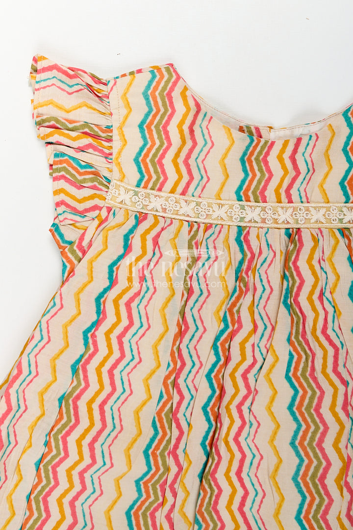 Girls Frock Online Shopping in Cream Modal Silk with Multicolor Zigzag Print and Frill Sleeves