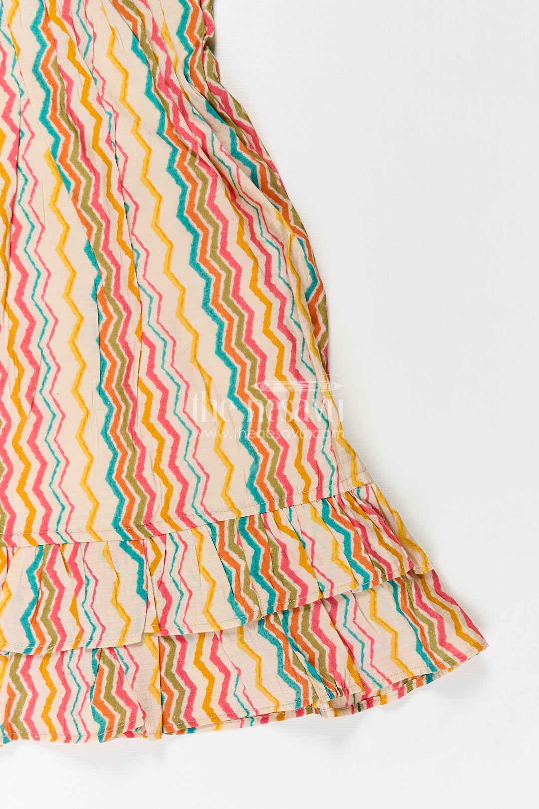 Girls Frock Online Shopping in Cream Modal Silk with Multicolor Zigzag Print and Frill Sleeves