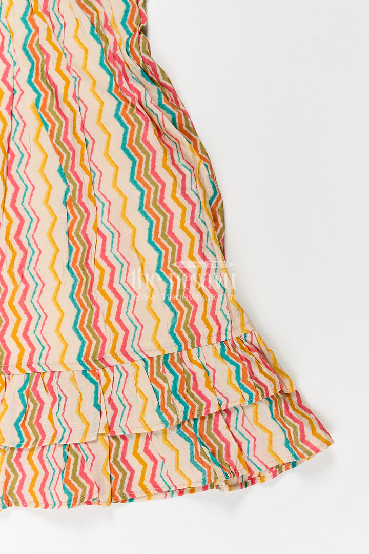 Girls Frock Online Shopping in Cream Modal Silk with Multicolor Zigzag Print and Frill Sleeves