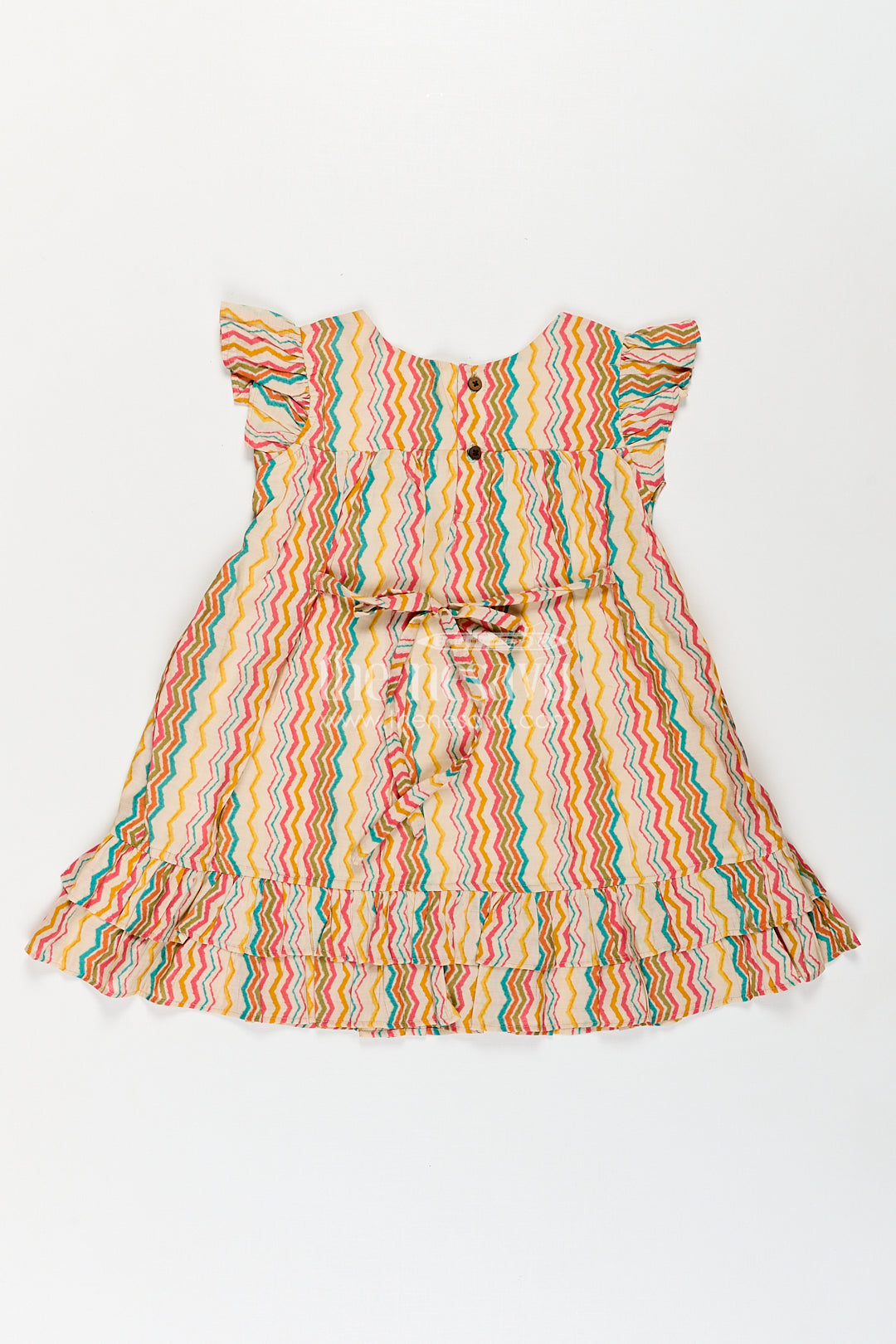 Girls Frock Online Shopping in Cream Modal Silk with Multicolor Zigzag Print and Frill Sleeves