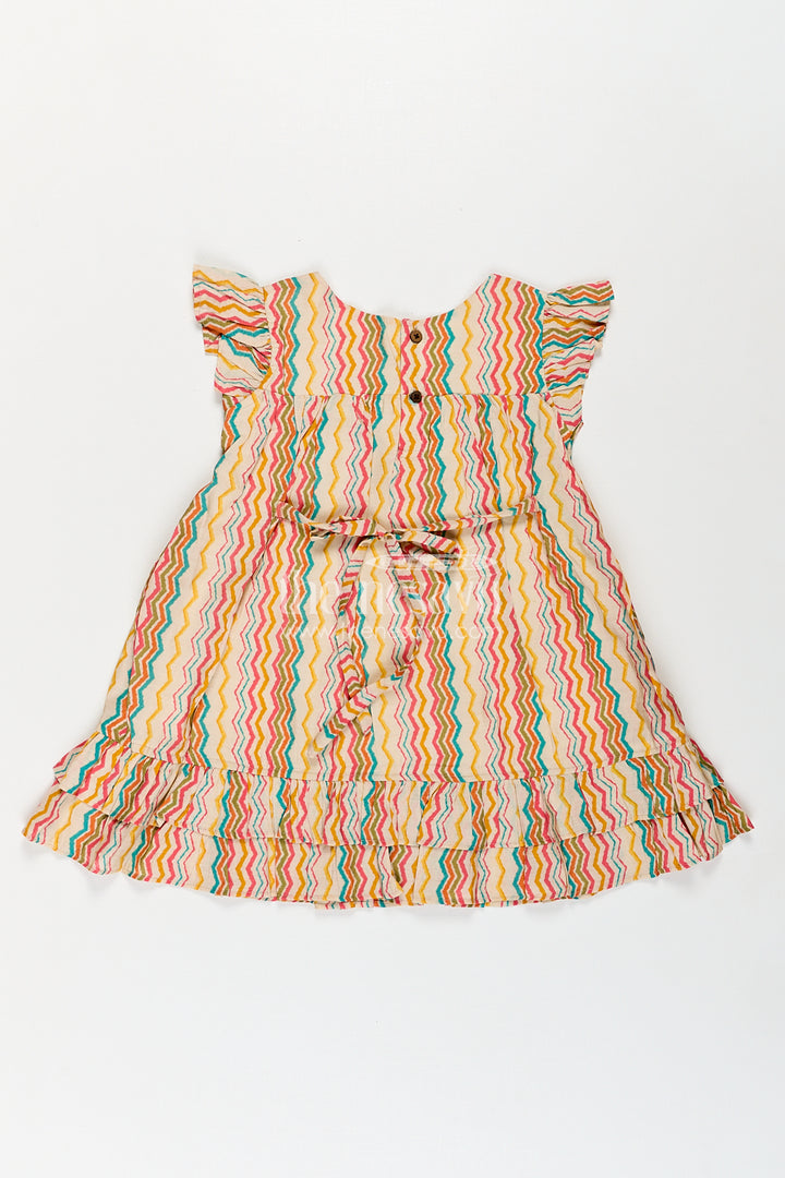 Girls Frock Online Shopping in Cream Modal Silk with Multicolor Zigzag Print and Frill Sleeves