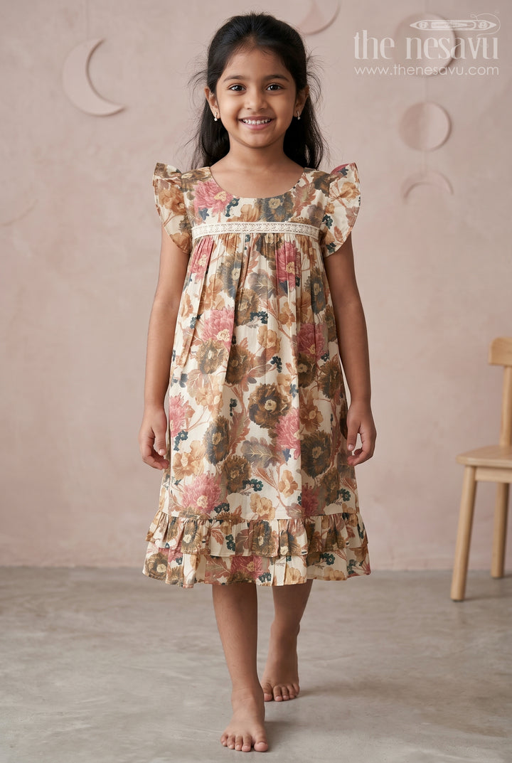 Girls New Latest Design Frock in Modal Silk with Autumn Floral Print and Ruffled Hemline