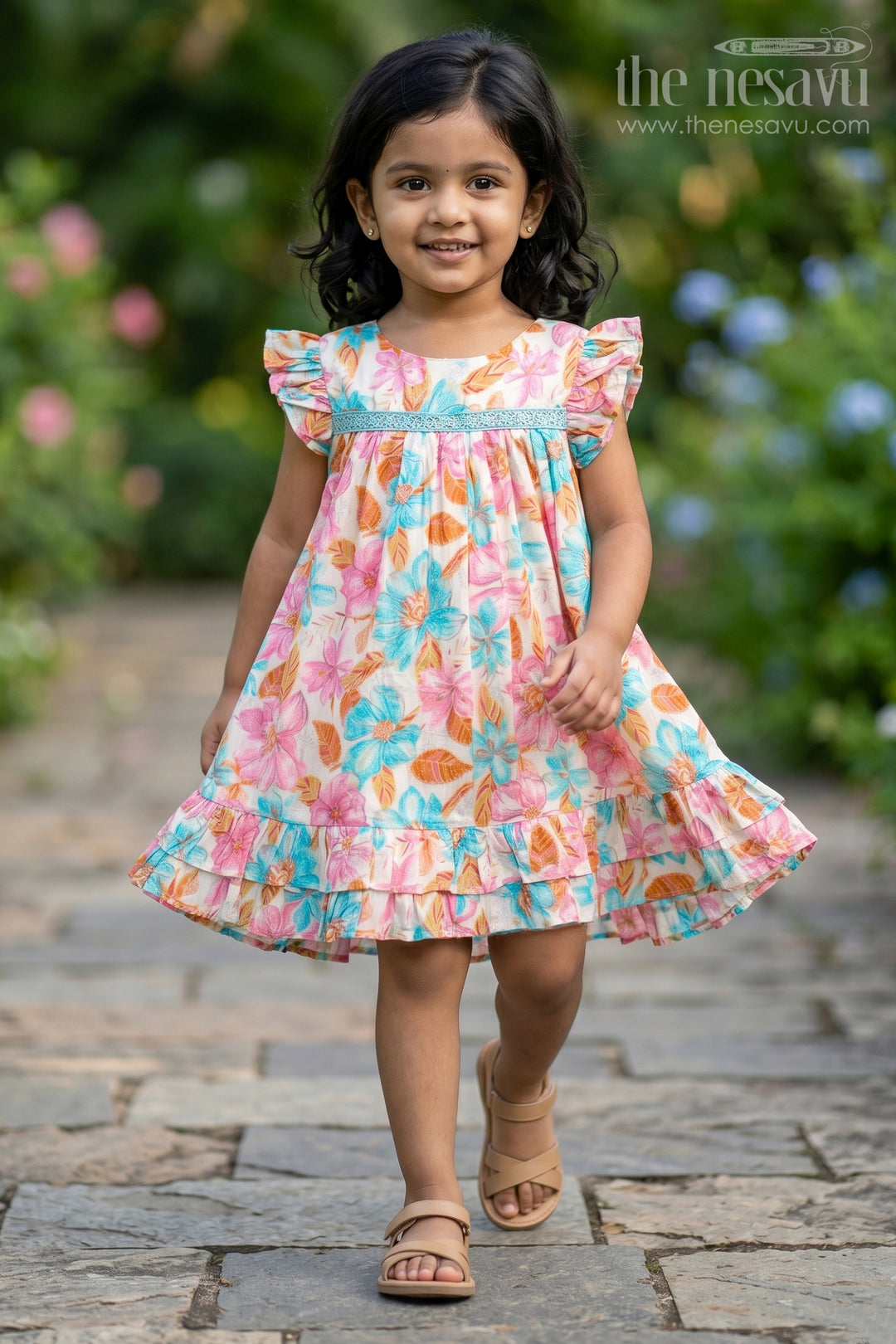 Girls Frock Dress Design in Multicolor Floral Modal Silk with Soft Pleats and Ruffle Accents