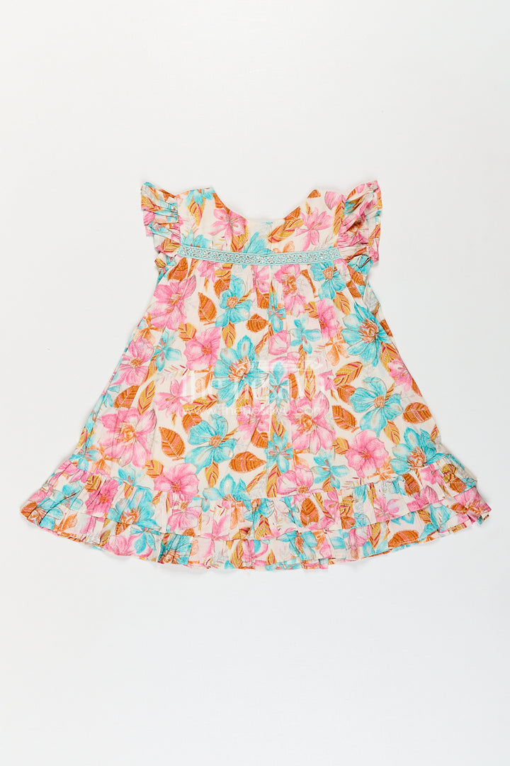 Girls Frock Dress Design in Multicolor Floral Modal Silk with Soft Pleats and Ruffle Accents