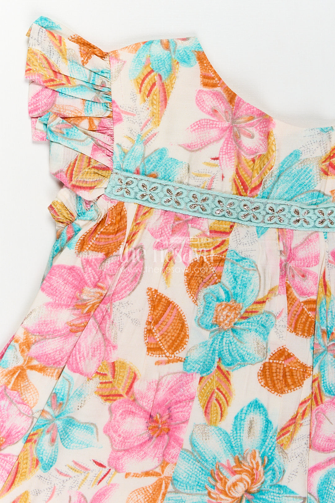 Girls Frock Dress Design in Multicolor Floral Modal Silk with Soft Pleats and Ruffle Accents