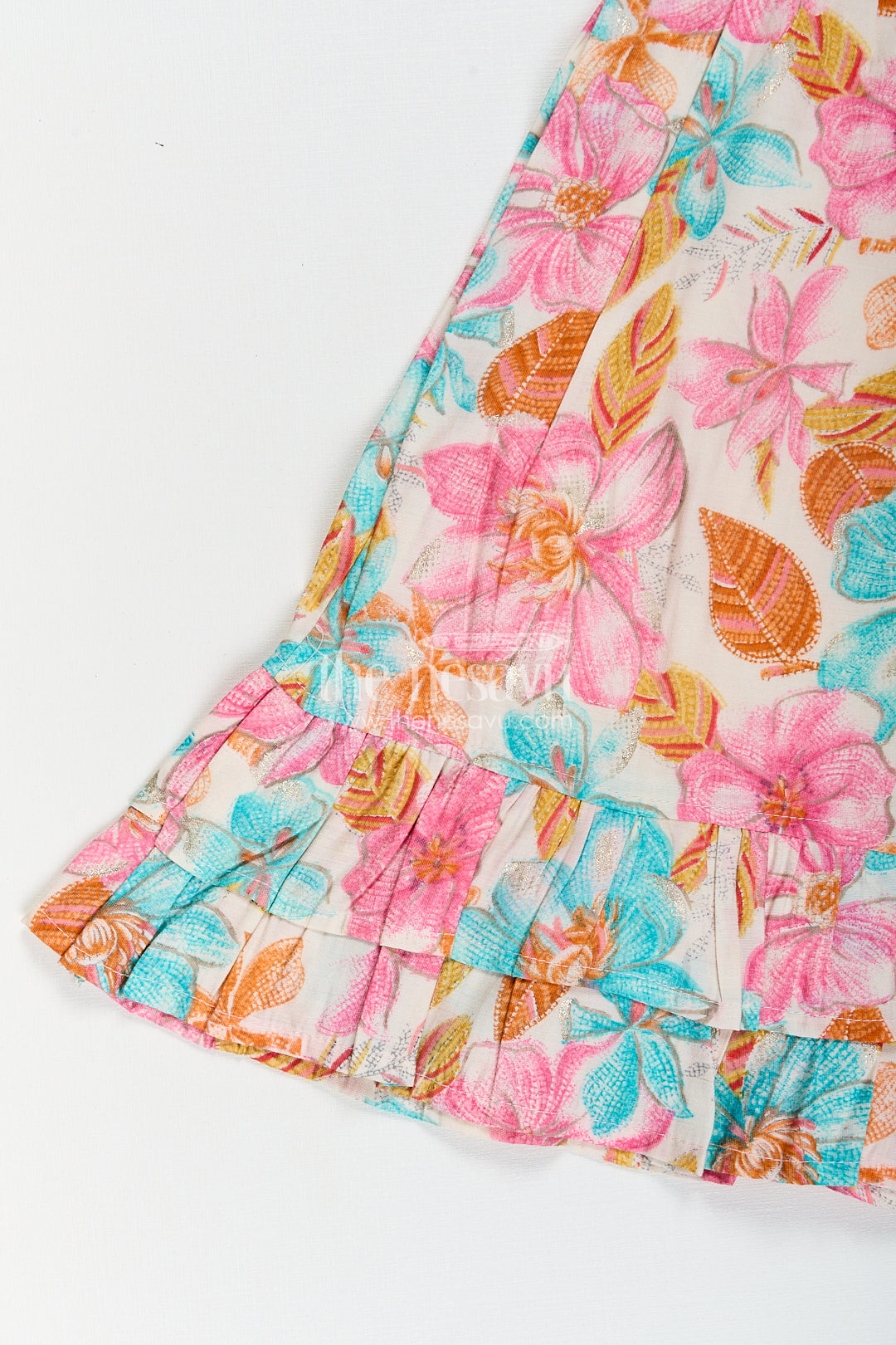 Girls Frock Dress Design in Multicolor Floral Modal Silk with Soft Pleats and Ruffle Accents
