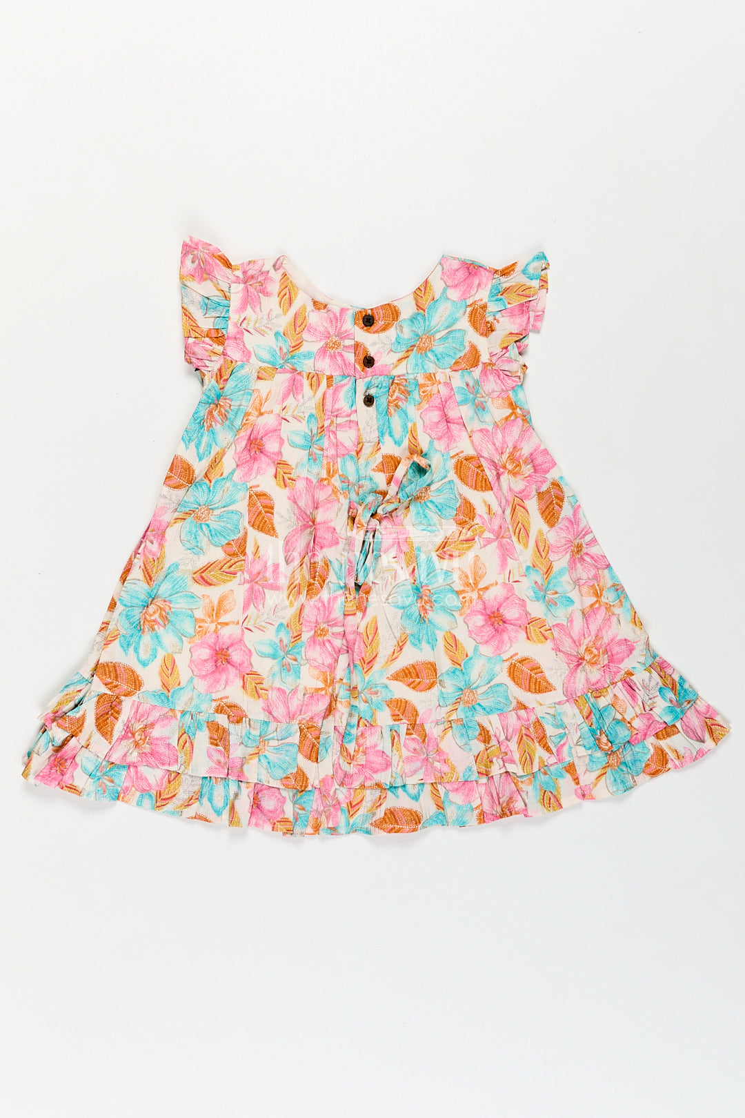 Girls Frock Dress Design in Multicolor Floral Modal Silk with Soft Pleats and Ruffle Accents