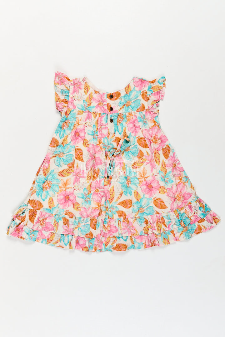 Girls Frock Dress Design in Multicolor Floral Modal Silk with Soft Pleats and Ruffle Accents