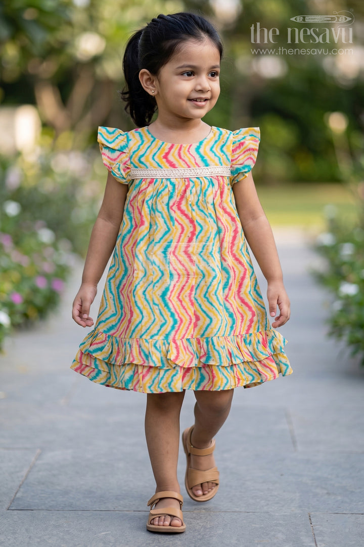 Girls Aesthetic Frock Design in Modal Silk with Multicolor Zigzag Print and Classic Ruffle Trims