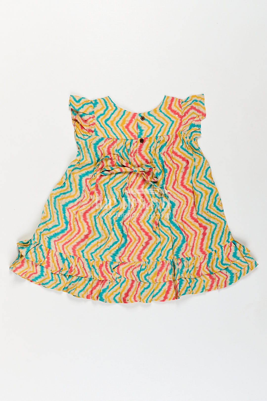 Girls Aesthetic Frock Design in Modal Silk with Multicolor Zigzag Print and Classic Ruffle Trims