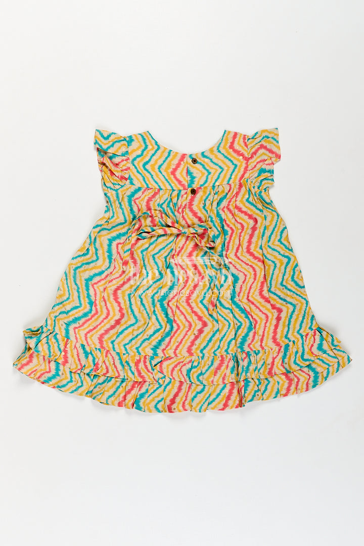 Girls Aesthetic Frock Design in Modal Silk with Multicolor Zigzag Print and Classic Ruffle Trims