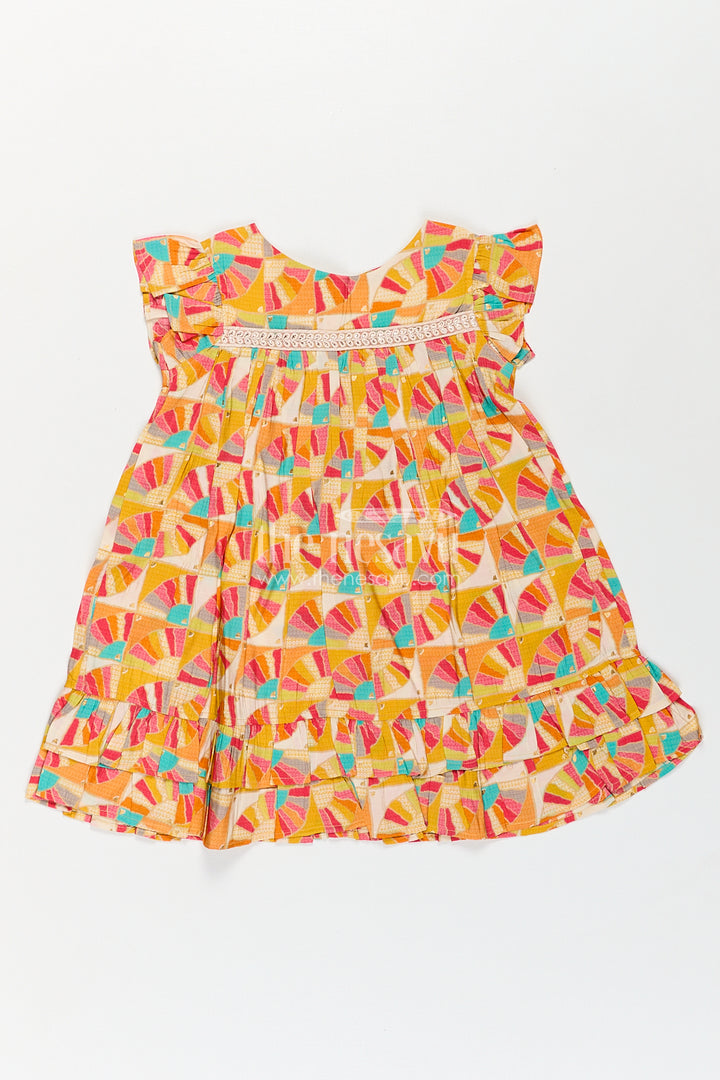 Girls Normal Frock Design in Modal Silk with Multicolor Geometric Fan Print and Frilled Edges