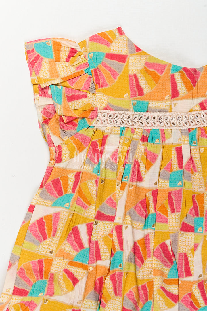 Girls Normal Frock Design in Modal Silk with Multicolor Geometric Fan Print and Frilled Edges