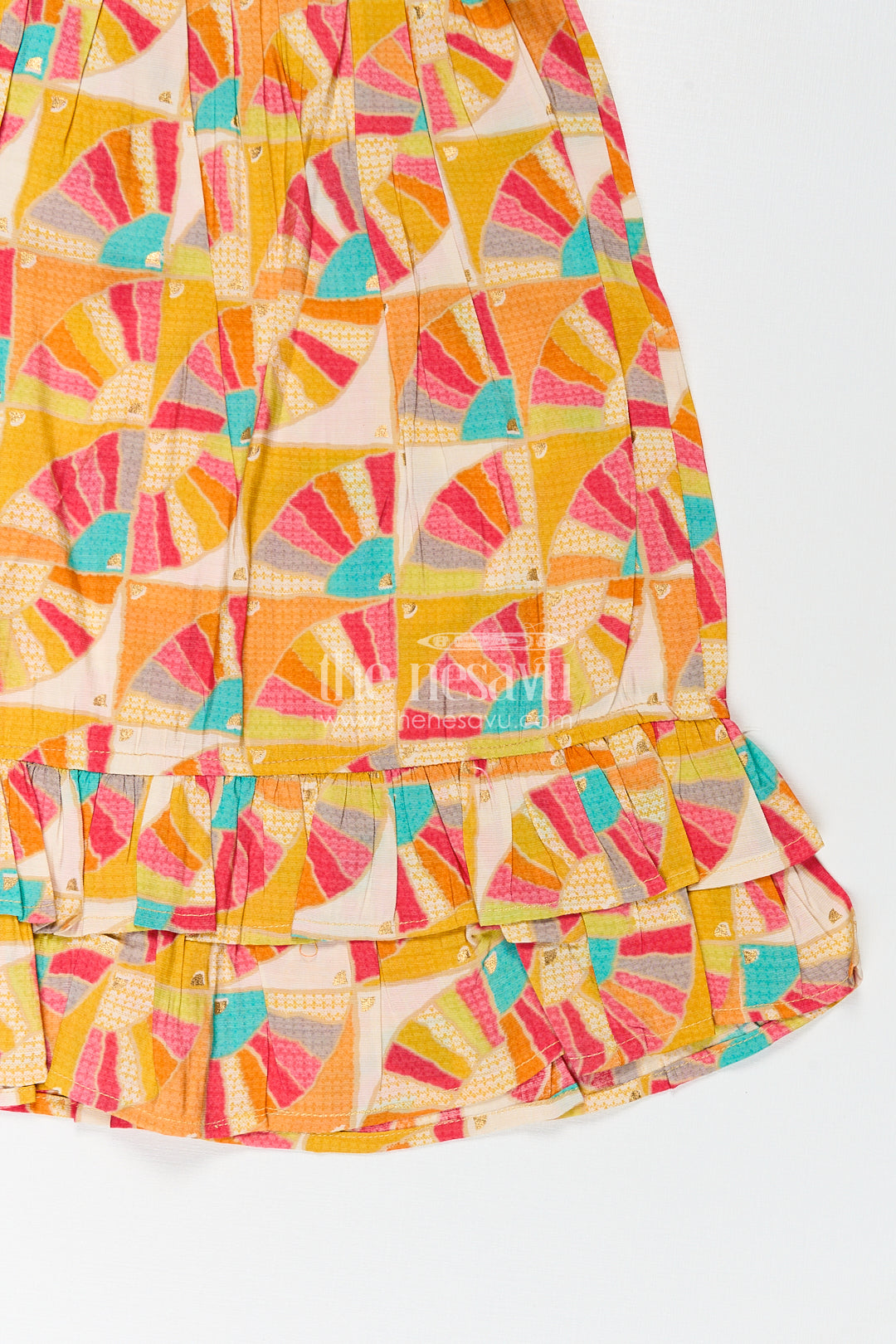 Girls Normal Frock Design in Modal Silk with Multicolor Geometric Fan Print and Frilled Edges