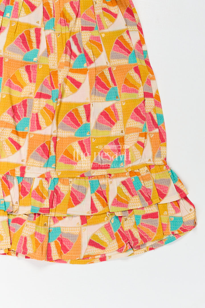 Girls Normal Frock Design in Modal Silk with Multicolor Geometric Fan Print and Frilled Edges