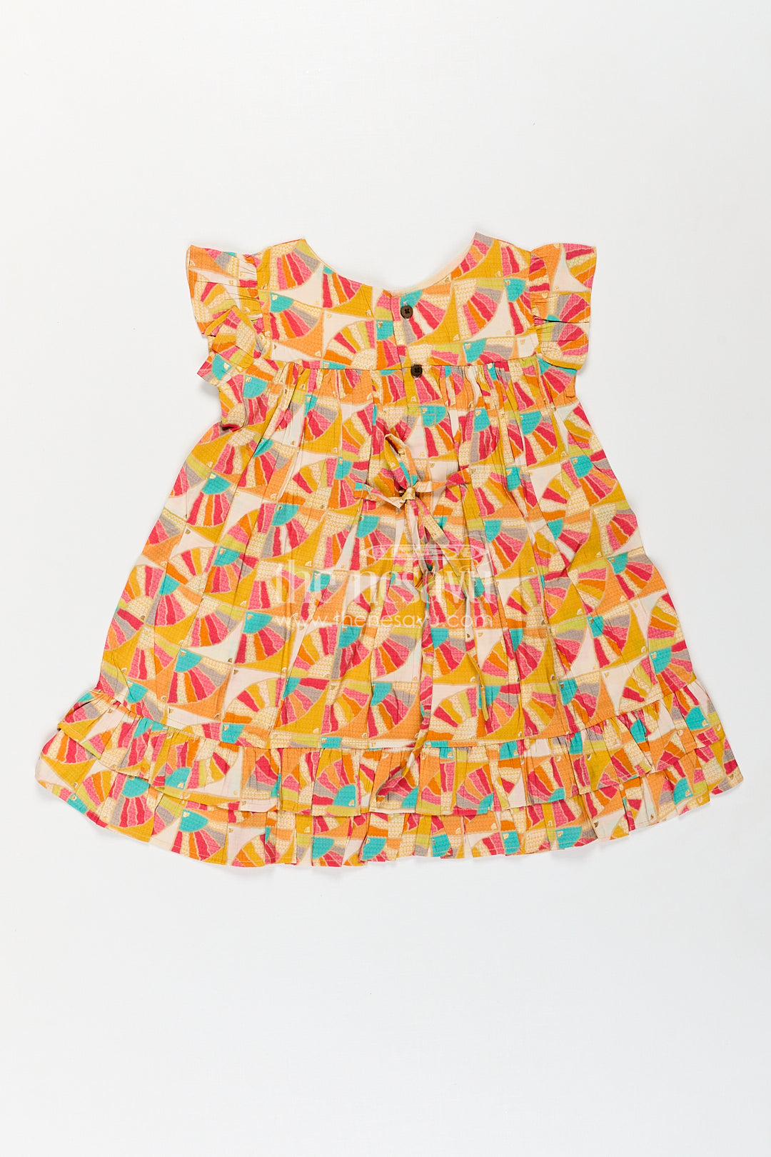 Girls Normal Frock Design in Modal Silk with Multicolor Geometric Fan Print and Frilled Edges