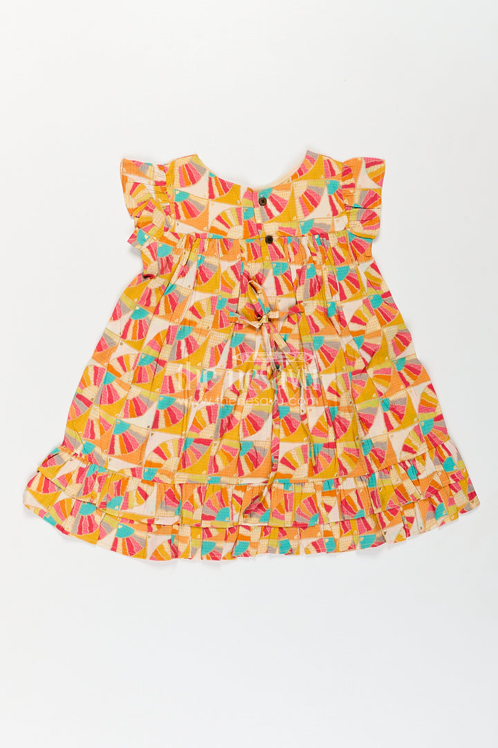 Girls Normal Frock Design in Modal Silk with Multicolor Geometric Fan Print and Frilled Edges