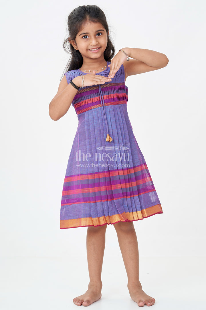 Girls Mangalagiri Cotton Frock with Gathers and Stripe Pattern in Purple Frock Design