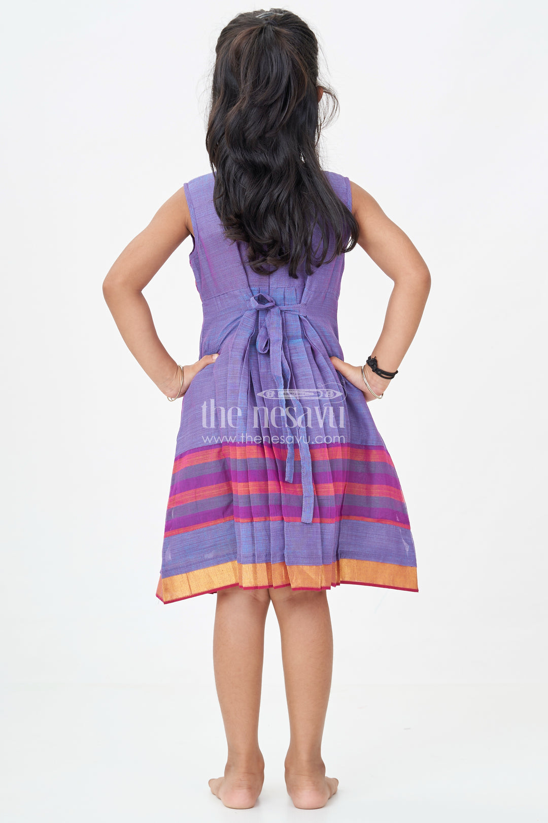 Girls Mangalagiri Cotton Frock with Gathers and Stripe Pattern in Purple Frock Design