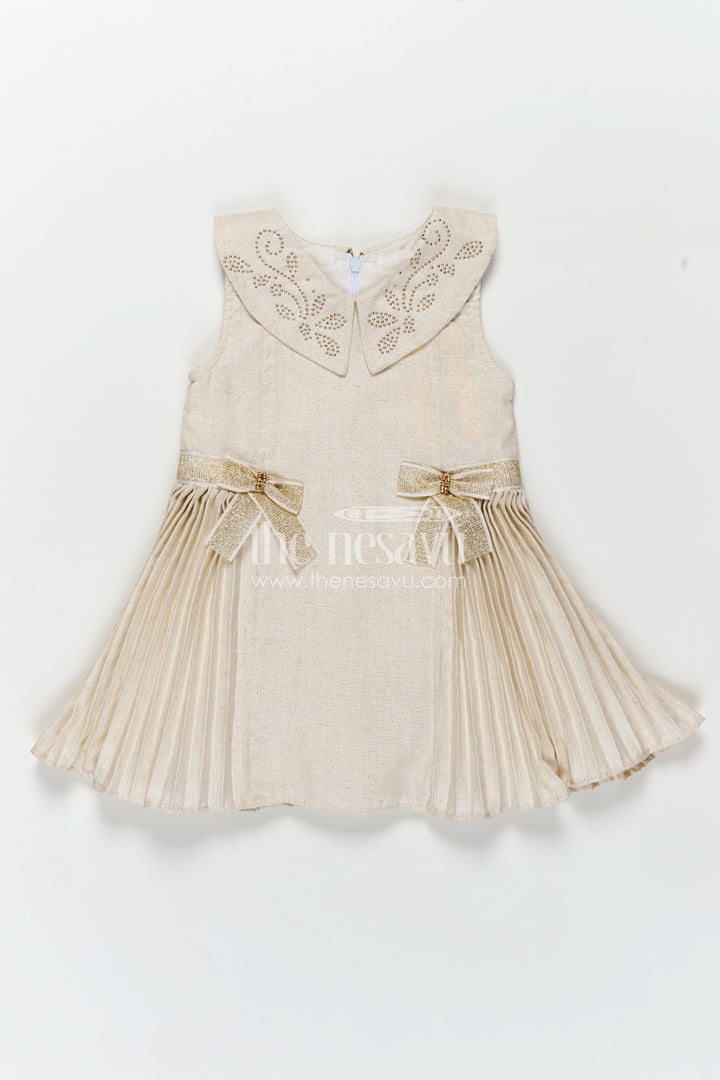 Bacchon Ki Dress Cream Girls Fancy Frock in Cotton Satin with Pleated Panels and Glitter Bow Accents