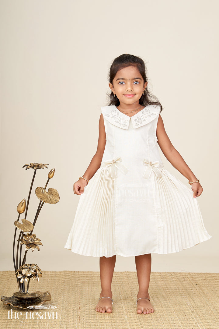Bacchon Ki Dress Cream Girls Fancy Frock in Cotton Satin with Pleated Panels and Glitter Bow Accents